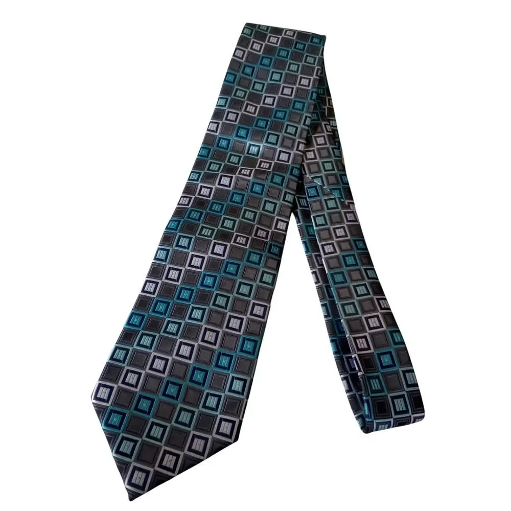 Colours Alexander Julian Mens Teal Grey Geometric Square Pattern Polyester Tie